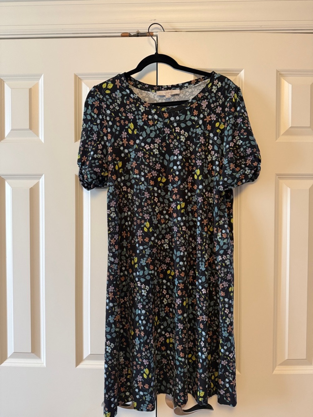 LOFT Black Floral Short-Sleeve Dress with Multi-Color Blooms